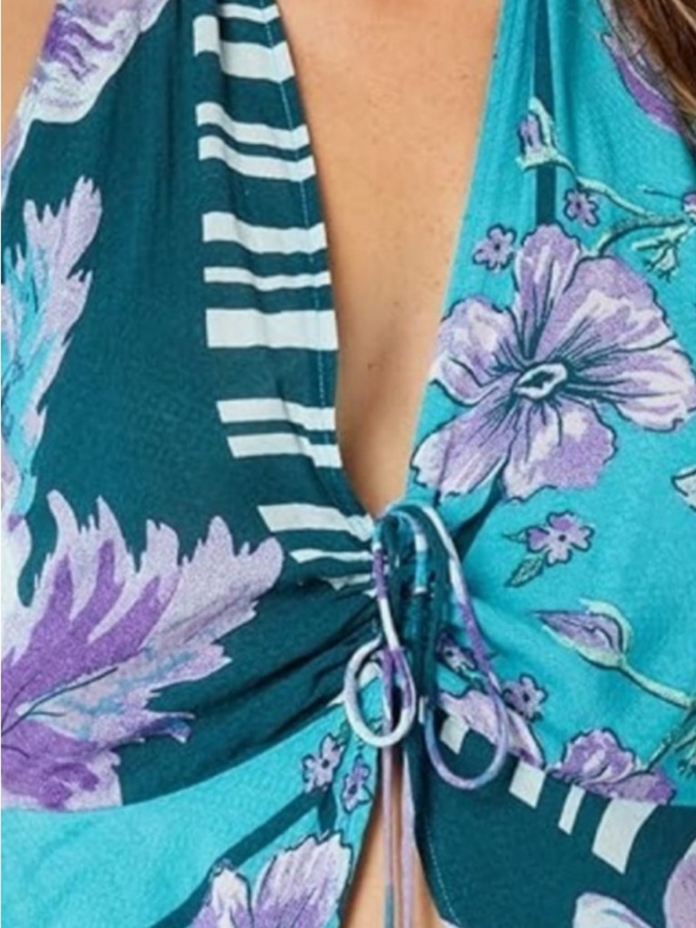 Free People Teal & Turquoise Floral Tie-Front Crop Top